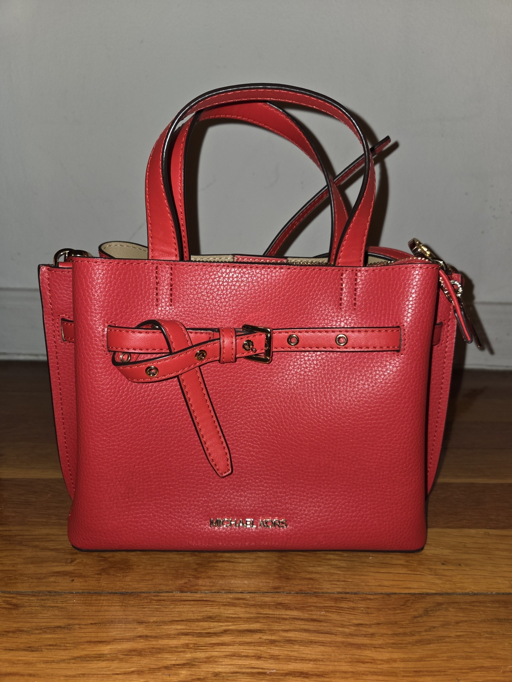 Michael Kors Coral-Red Leather Satchel with Belt Detail